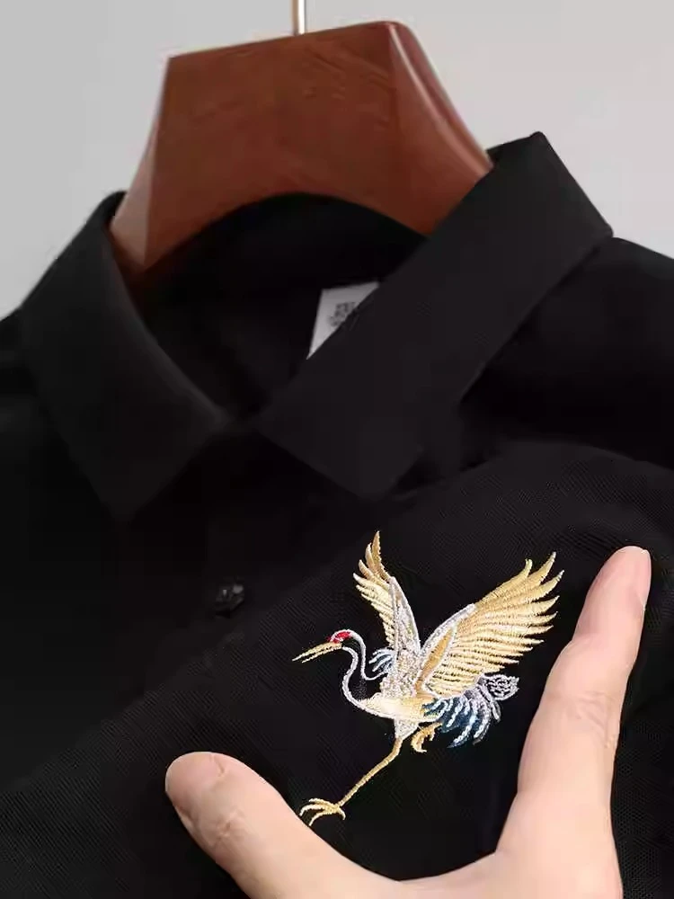 刺绣仙鹤polo衫2025新款夏季痞帅男士短袖休闲潮流翻领上衣