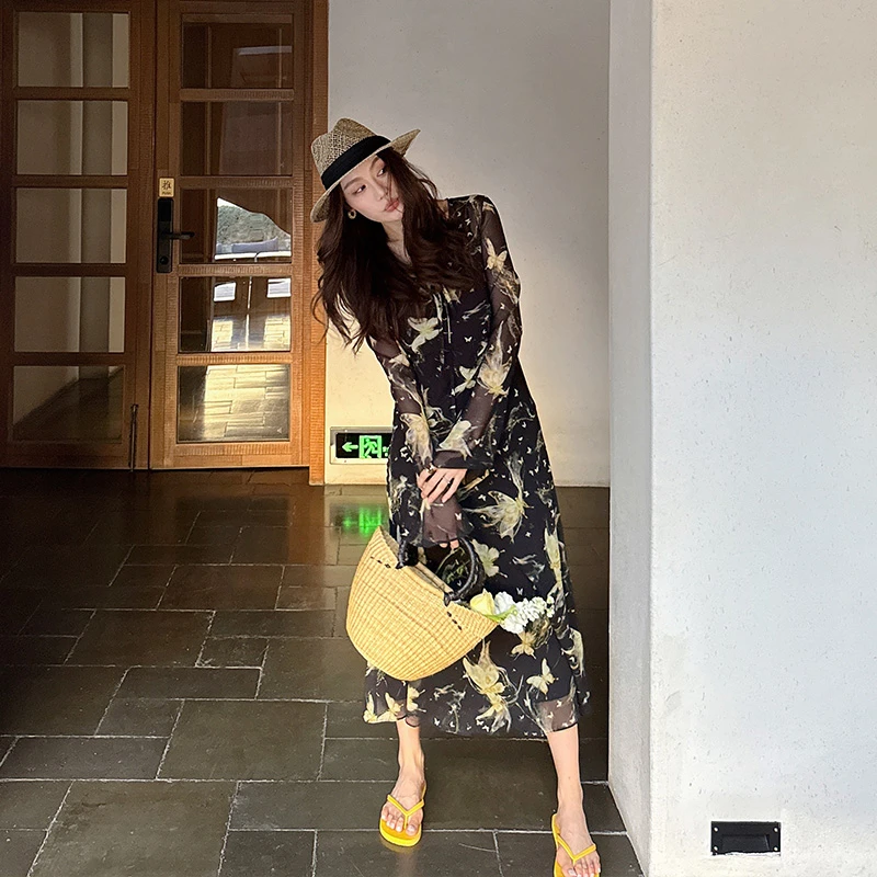 【Alone Savor】花园蝴蝶 定制印花显贵气长款连衣裙J096