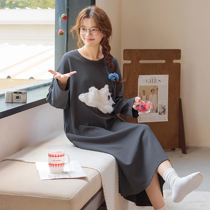 带胸垫新款纯棉睡裙春秋季圆领长袖长裙卡通可爱可外穿家居服睡裙