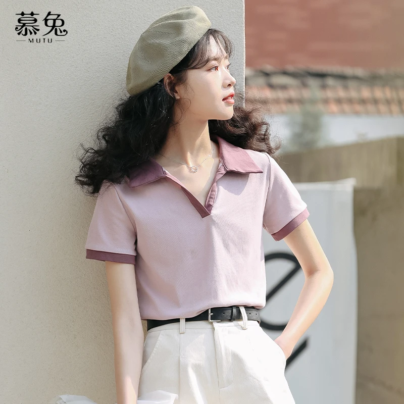 慕兔Polo领正肩短袖t恤女2025夏季新款别致设计感小众v领甜辣上衣