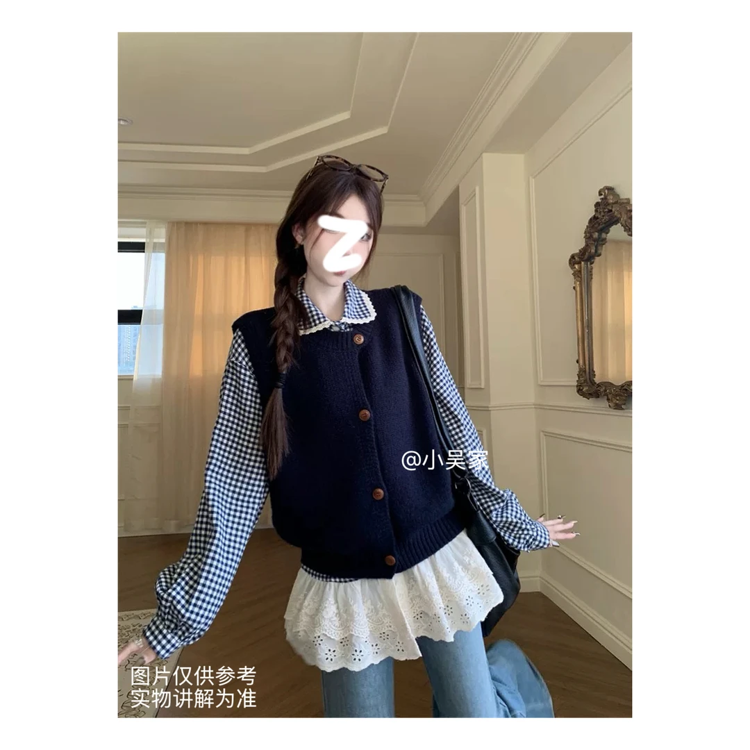 「小吴家」时尚套装格子花边长袖衬衫女秋冬叠穿减龄针织马甲两件套