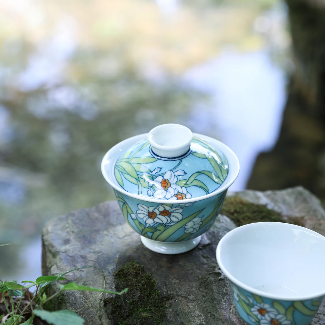 官润窑 陶瓷纯手工手绘盖杯釉下彩女士品茗主人杯水仙花泡茶盖碗