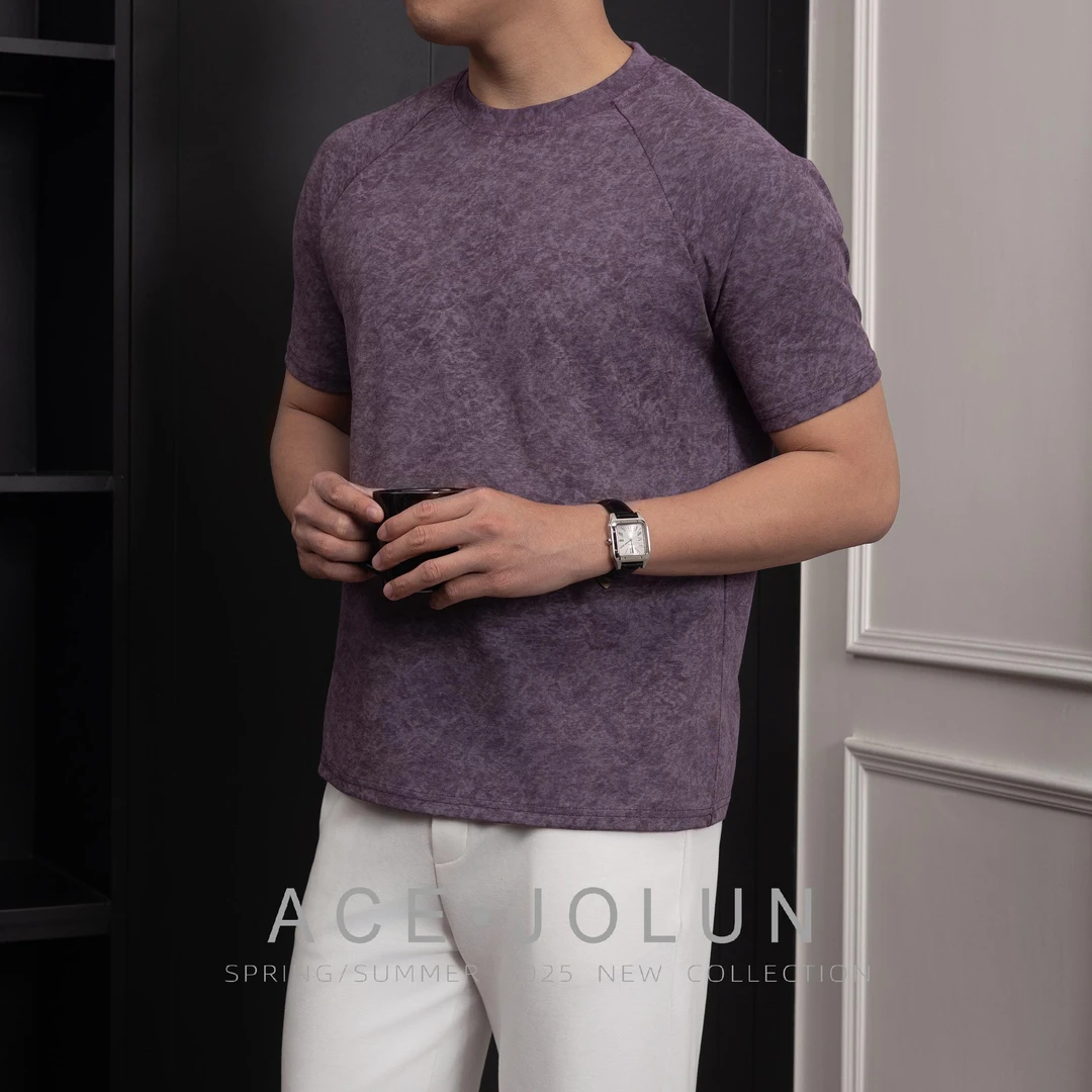 【雪花纹】重工水洗短袖T恤夏季男士轻奢抗皱透气棉感插肩袖上衣