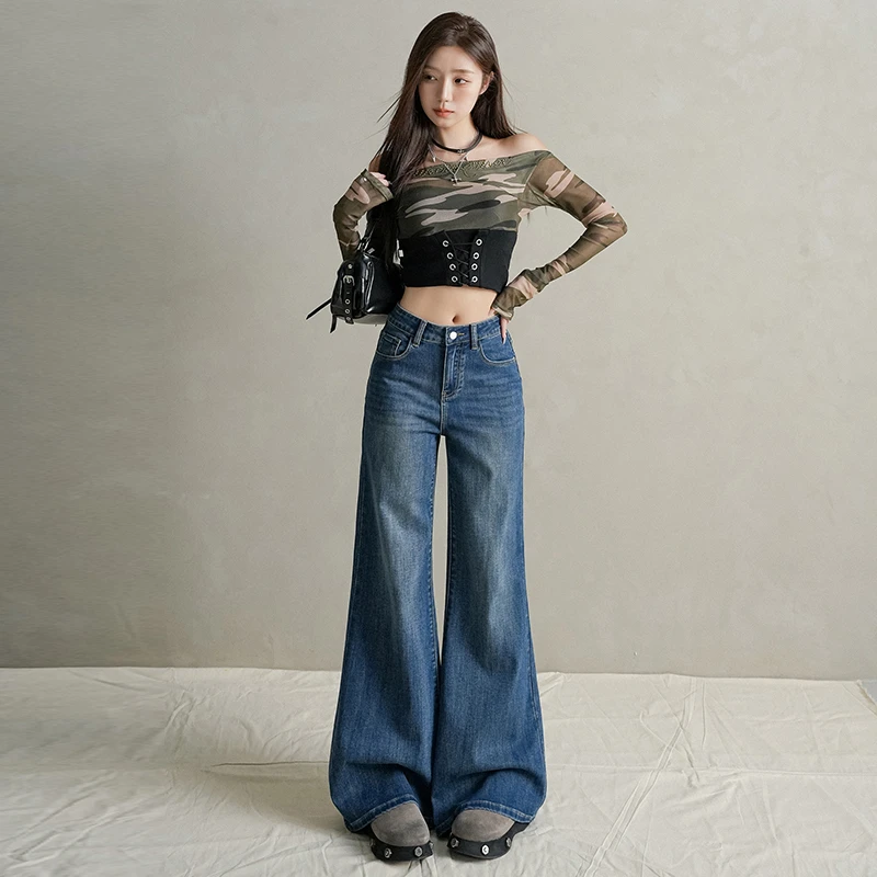 【娃娃专属】风复古辣妹微喇牛仔裤女高腰显瘦弹力百搭拖地长裤8212