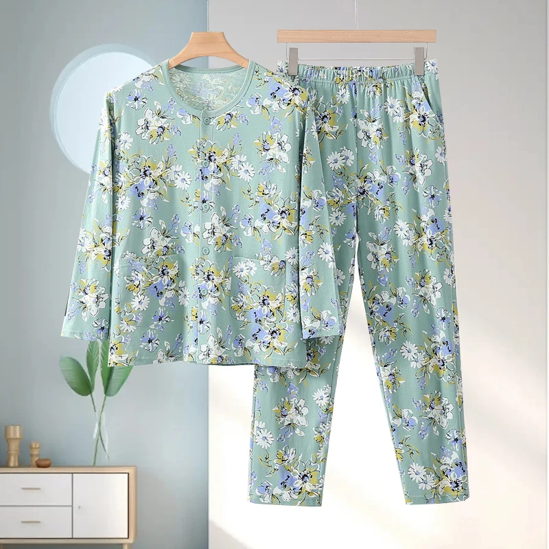 纯棉大码宽松长袖长裤老年印花春夏季女薄款套装