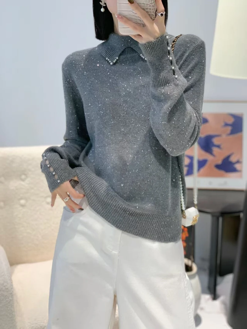 钻扣小方领毛衣秋冬新款洋气百搭针织衫女士打底衫上衣