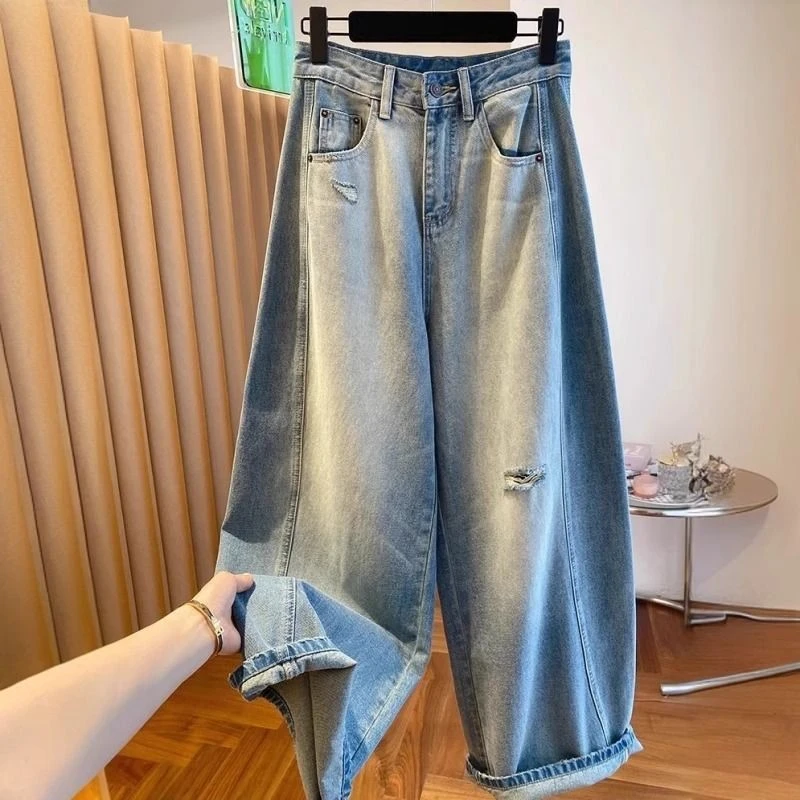 破洞弯刀阔腿牛仔裤女2025春秋新款梨形宽松高腰百搭显瘦镰刀裤子