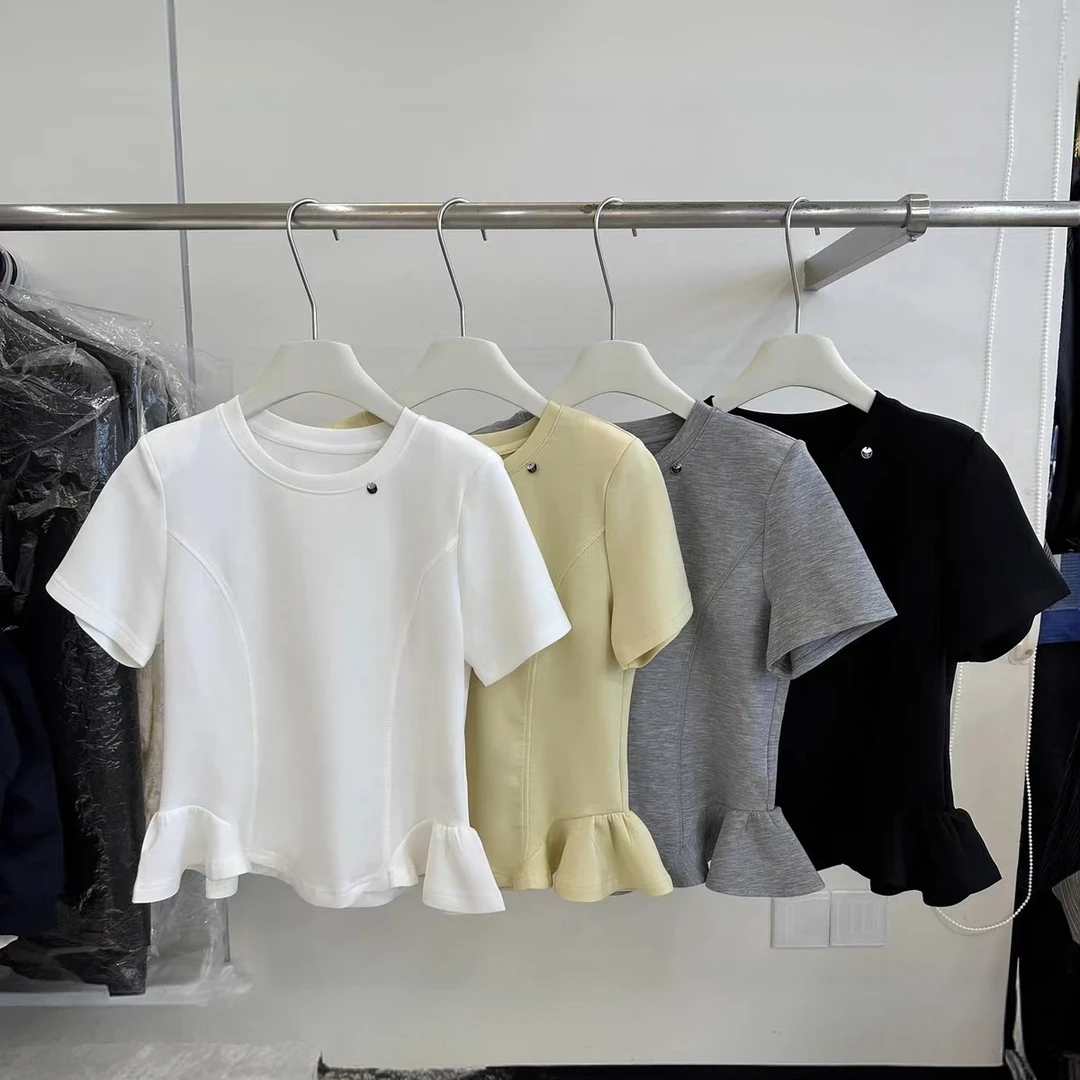 【现货短袖】法式荷叶边圆领短袖T恤显瘦设计感百搭上衣女春夏小众