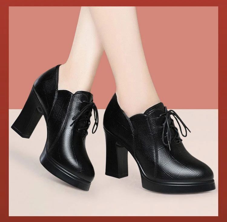系带防水冬季通勤风方根高跟鞋皮鞋英伦风白底春秋XLQA5