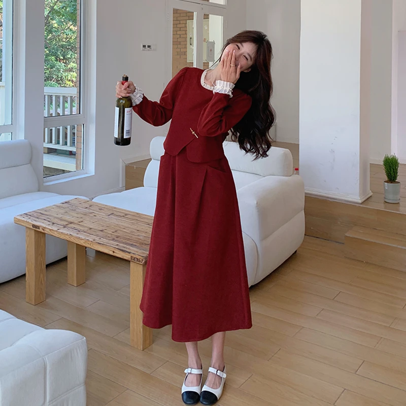 新中式酒红色连衣裙女春秋2025新款复古高级感气质收腰假两件裙子