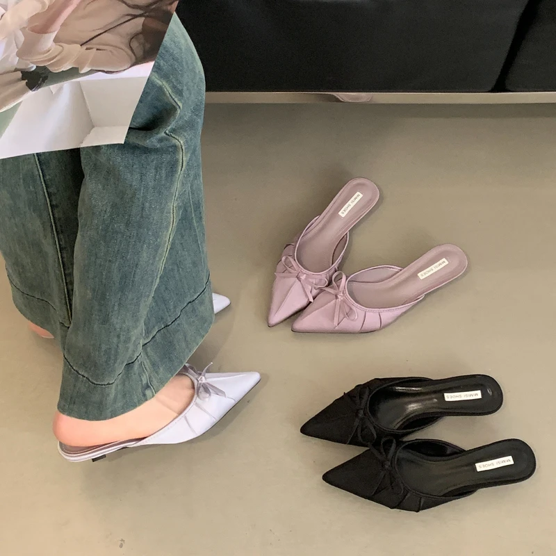 2025春季新款尖头细跟高跟拖鞋蝴蝶结中跟包头半拖后空浅口低跟女