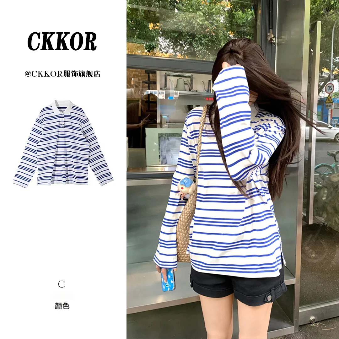 CKKOR春秋季新款POLO领蓝白条纹上衣女韩系简约小众ins风长袖t恤