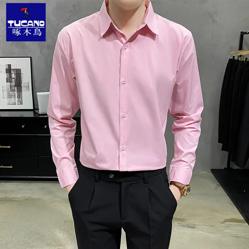 啄木鸟粉色衬衫男士长袖衬衣休闲免烫新郎伴郎结婚男寸婚礼服抗皱