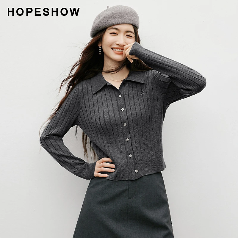 红袖2025冬季女装 MIU系竖坑条刺绣正肩翻领针织开衫90125330106