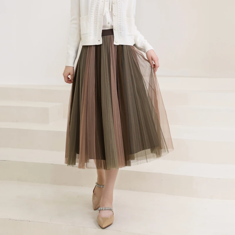 婉甸2025春季新品驼粉棕拼接网纱长裙瑞丽风半身裙1241K03XJ1YX