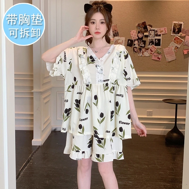 带胸垫大码睡衣短袖夏季新款纯棉加肥加大宽松胖MM夏天女士家居服
