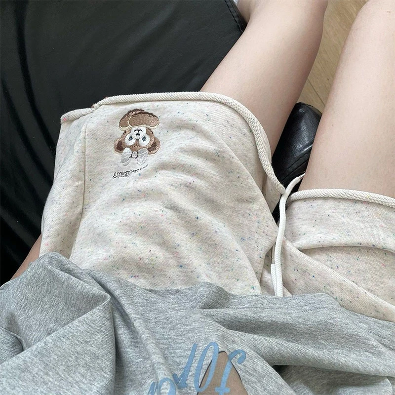潮牌美式chic复古运动短裤女夏季彩点可爱小熊刺绣宽松休闲五分裤