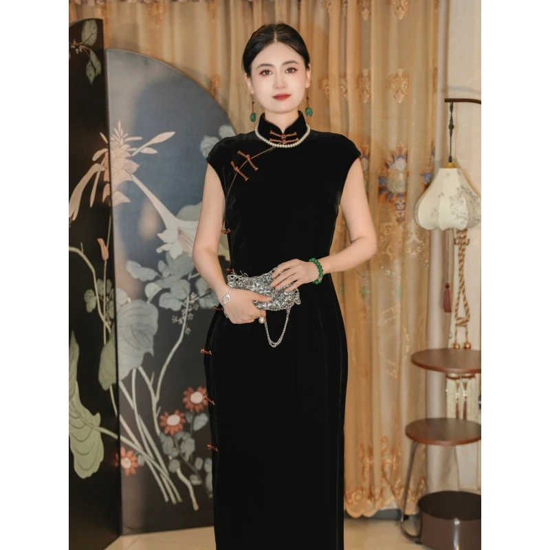 娜娜专属【幻夜】靓影儿原创桑蚕丝丝绒优雅黑色包肩袖后拉链款旗袍