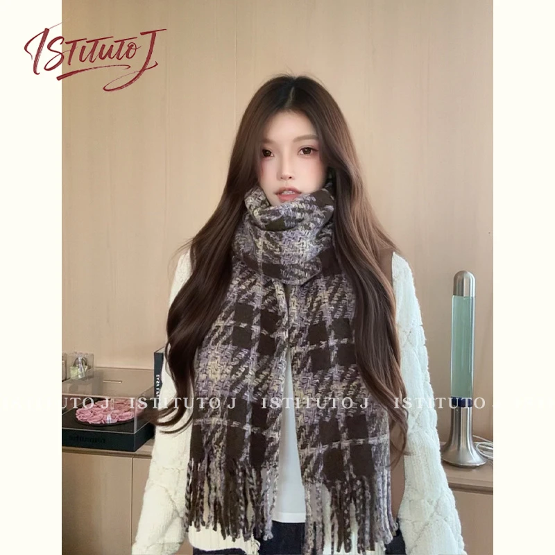 ISTITUTO J2025秋冬时尚百搭女士双面格子情侣韩版极简围巾围脖