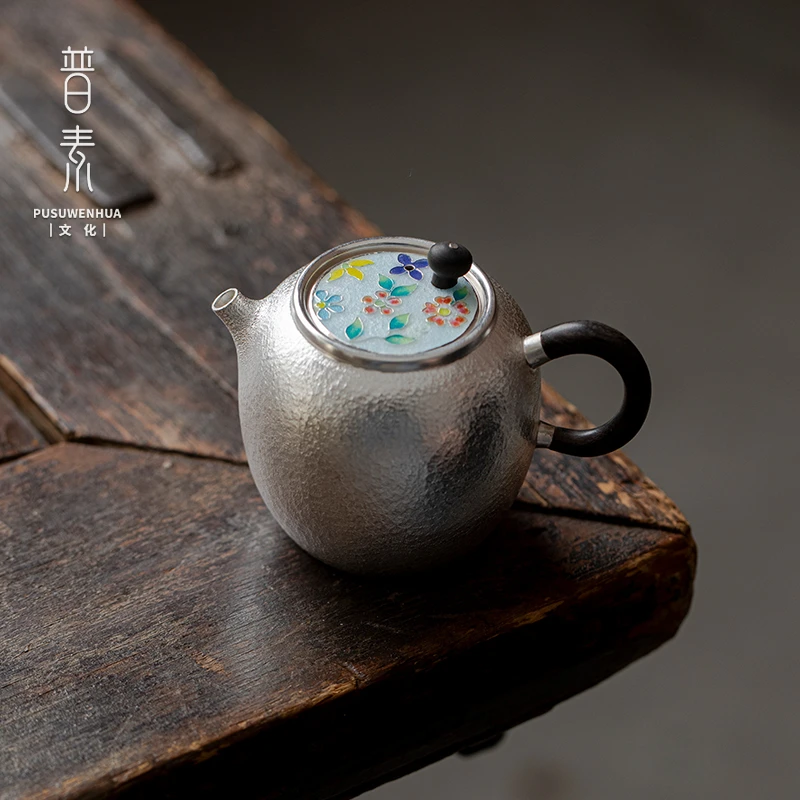 普素 满月壶足银999泡茶壶纯手工一张打泡茶壶中式家用茶具珐琅彩