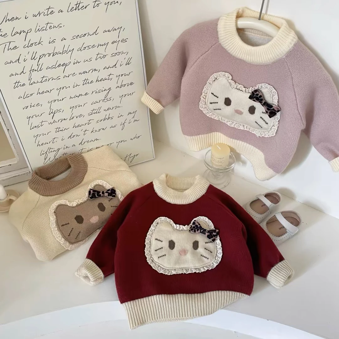 秋冬女童kitty猫毛衣一体绒加绒加厚圆领套头插肩袖打底衫
