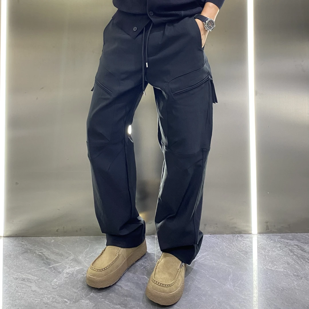秋季拉链捏褶工装风假口袋直筒微宽松松紧腰立体裁剪痞帅休闲长裤
