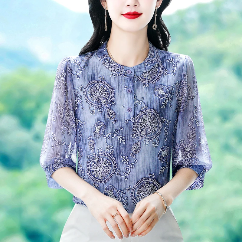 2025夏季新款减龄七分袖印花衬衫上衣女气质时尚大码洋气显瘦小衫