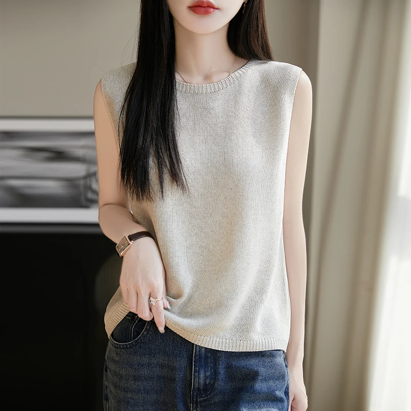 亚麻圆领针织背心女外穿2025夏季百搭宽松天丝T恤无袖上衣打底衫