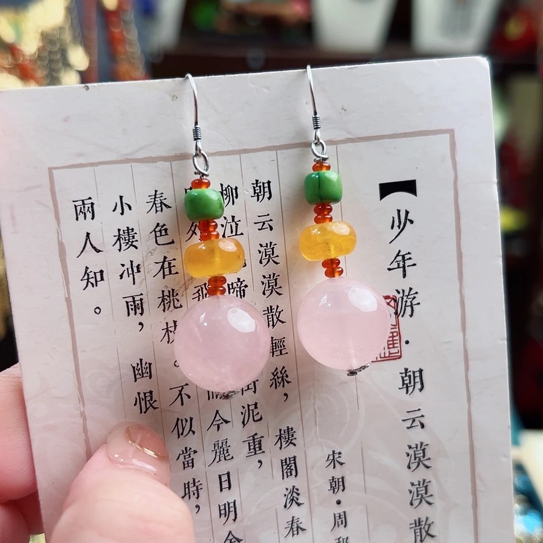 银S925镶嵌琥珀挂件耳环