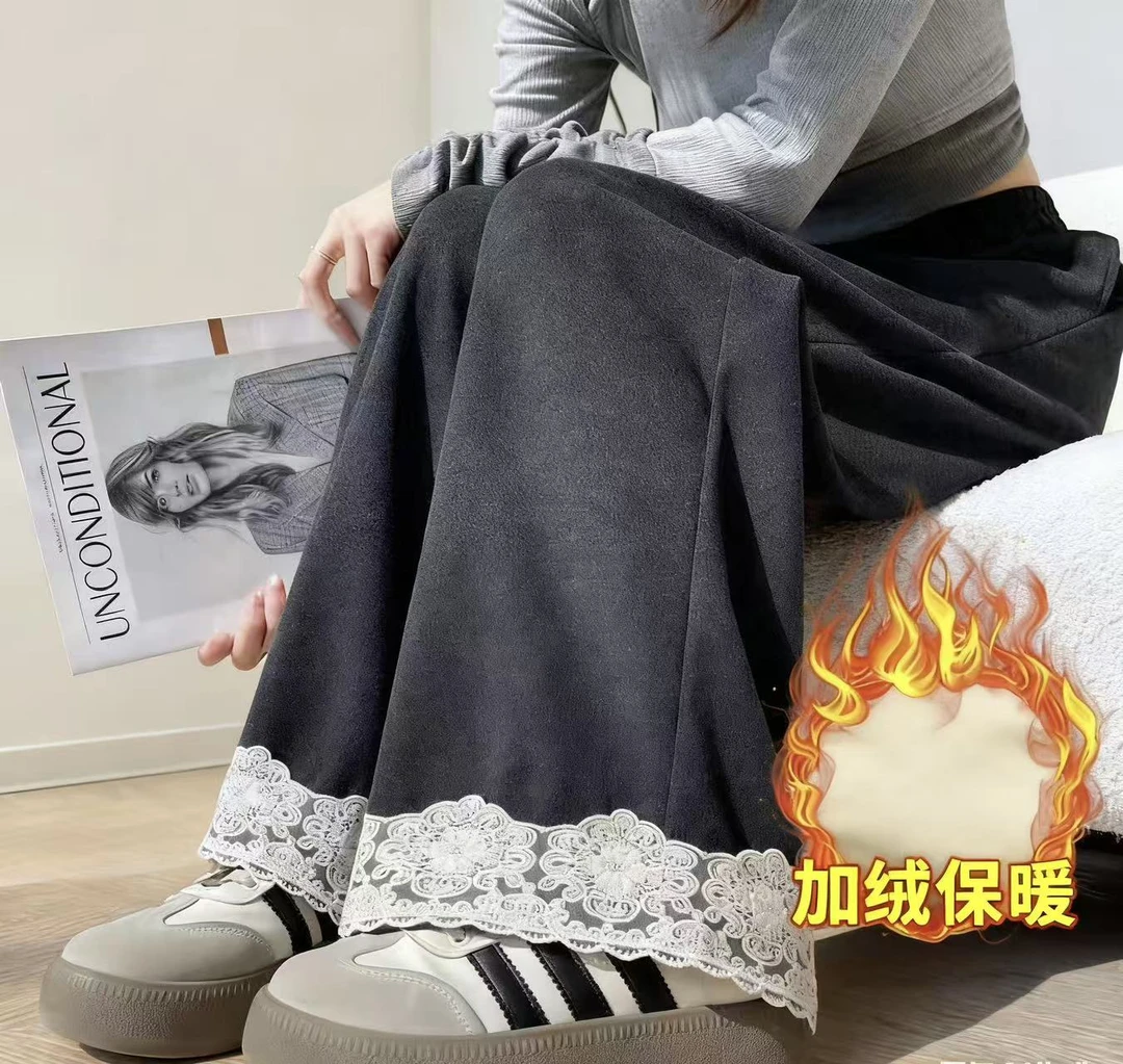 孕妇裤子秋冬高腰抽绳蕾丝花边拼接宽松显瘦时尚简约阔腿糯米裤