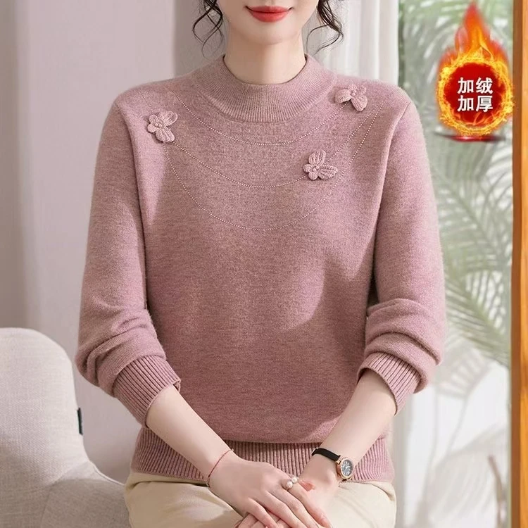妈妈装一体绒中老年加绒针织衫毛衣洋气保暖加厚9175