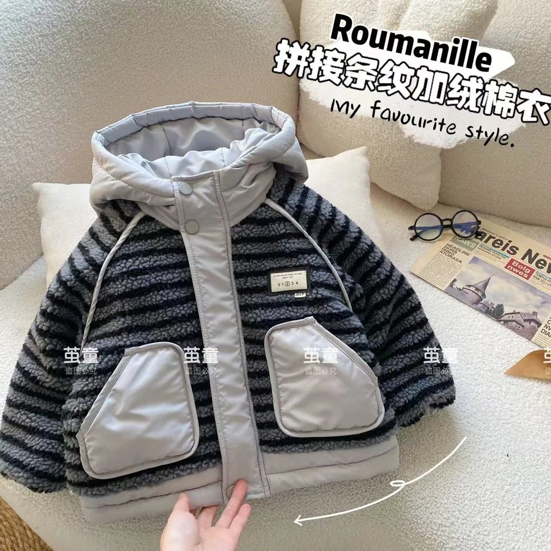 【麦麦妈】D400冬季小童韩拼接条纹加绒棉衣外套新品宝宝保暖休闲