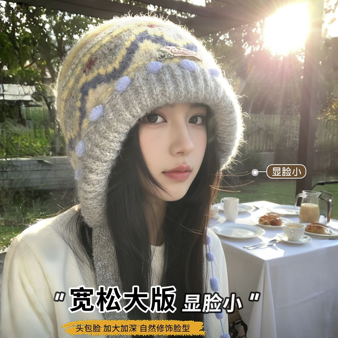 大头围费尔岛复古针织包头帽子女2025冬显脸小保暖防寒护耳毛线帽