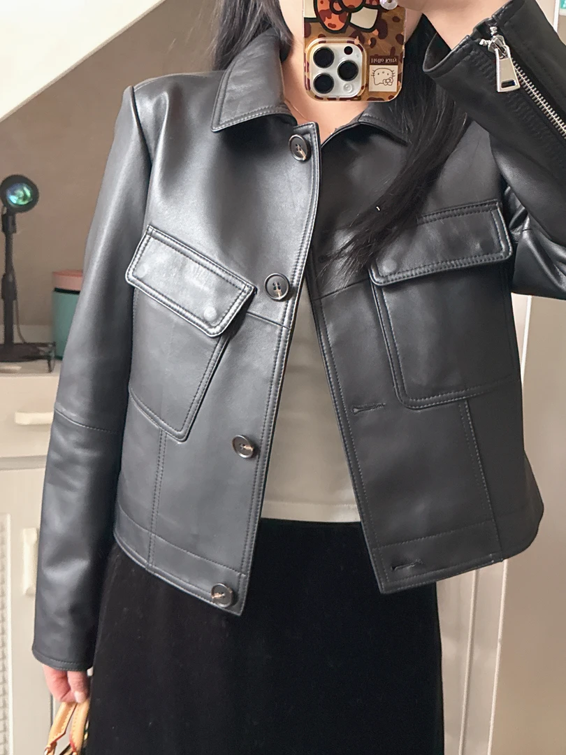 翻领个性短款机车夹克显瘦真皮绵羊皮皮衣女2025新款