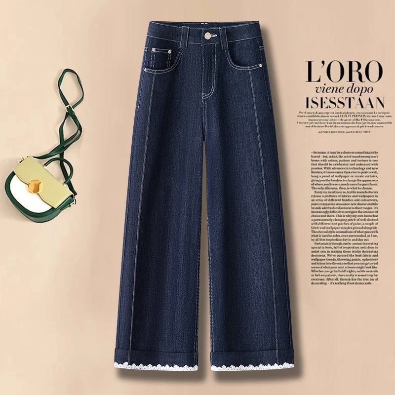 天丝阔腿牛仔裤女夏薄款2025新款爆款蕾丝拼接卷边直筒九分裤子