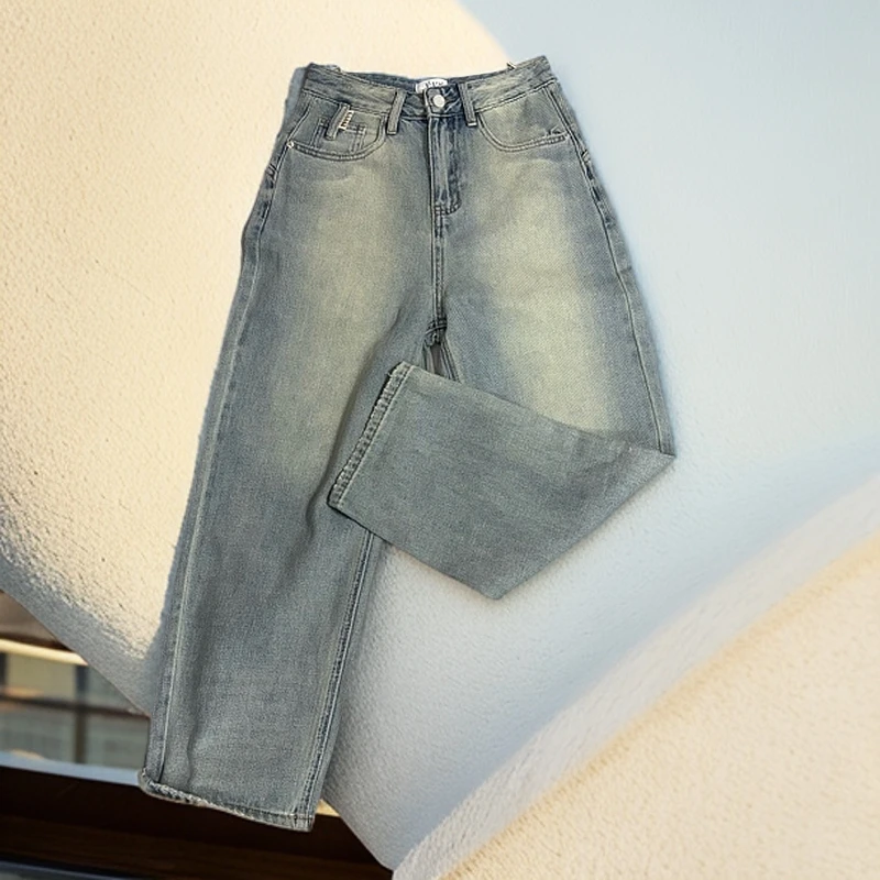 复古高腰显瘦修身长裤宽松直筒阔腿牛仔裤子 7258