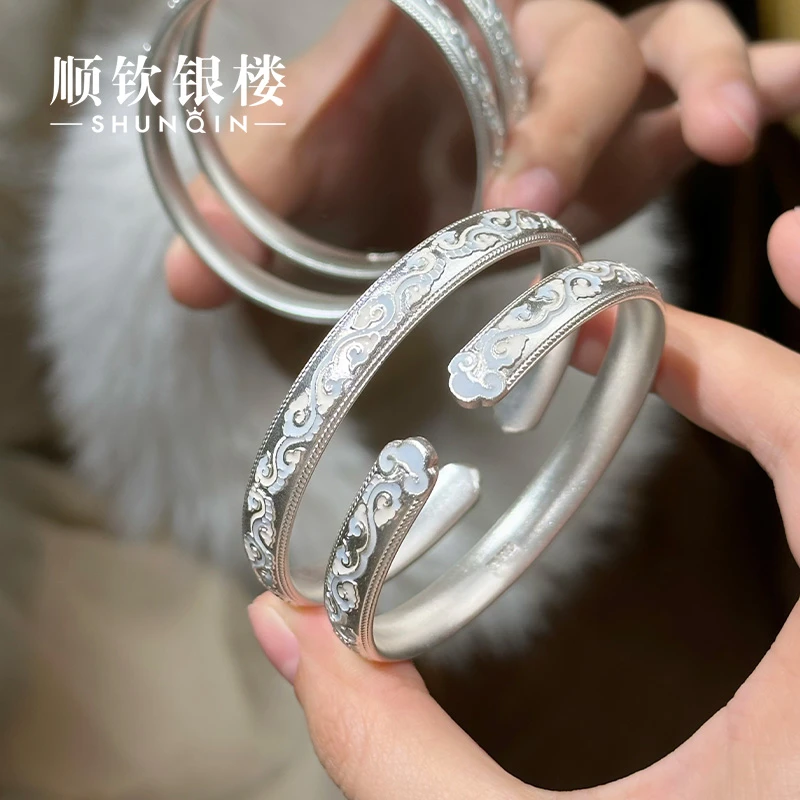 顺钦银楼 足银珐琅手镯 【栖月手镯】足银999.9新中式瑞云手镯