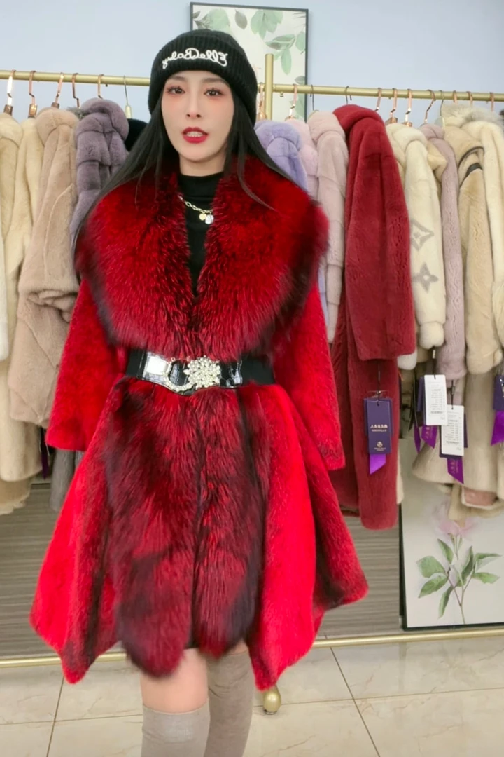 红十字貂狐狸毛大毛领貂皮大衣女士皮草外套