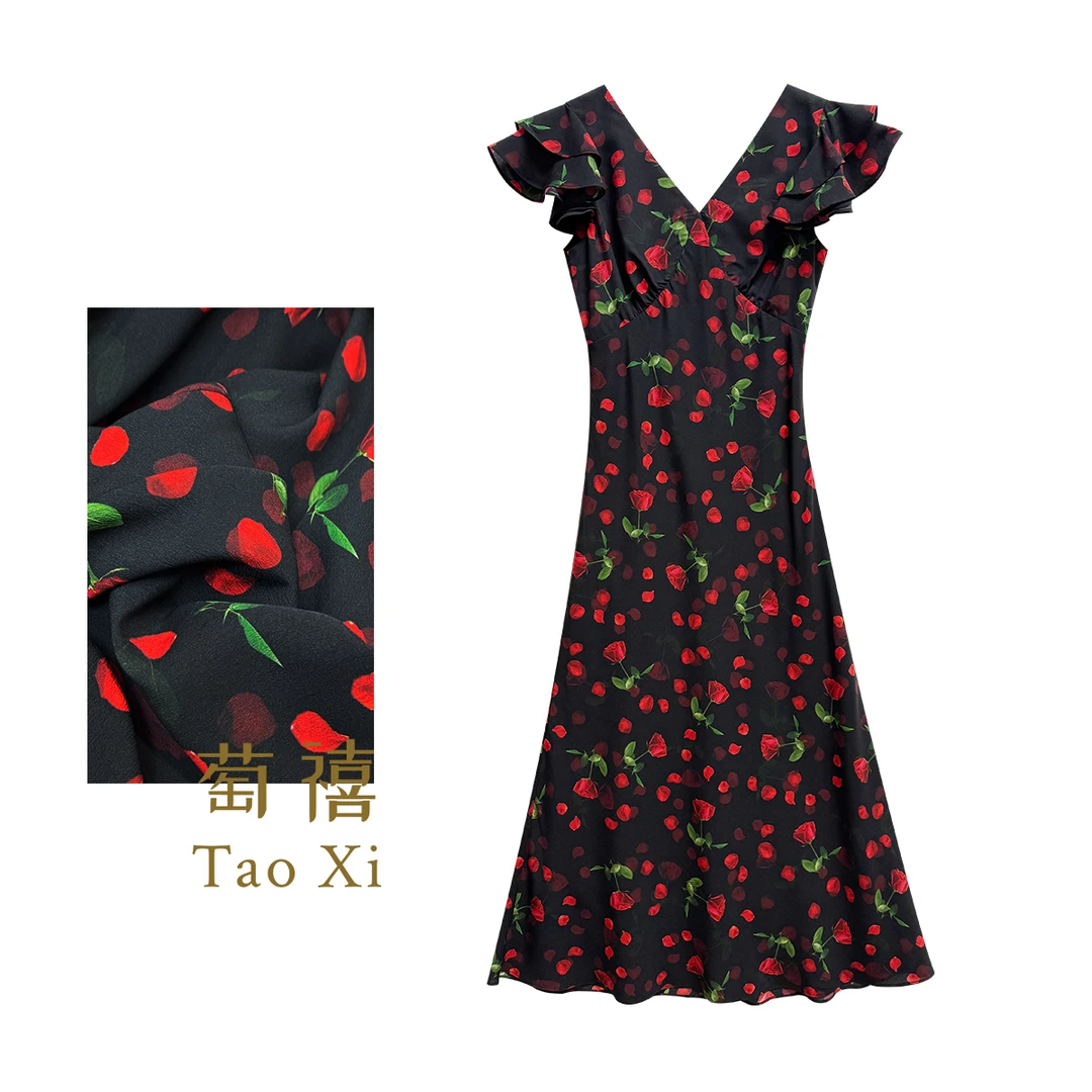 【萄禧】玫瑰复古印花桑蚕丝连衣裙长袖V领显瘦长裙TX06QZ1104