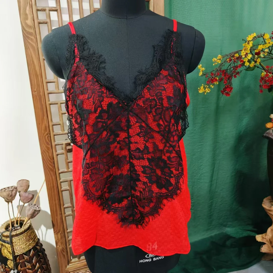 凤徕兮私人定制红色蕾丝轻薄花边吊带上衣 （SD4902）