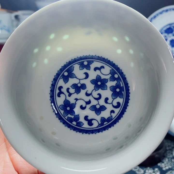 青花玲珑5寸饭碗紫荆花无花