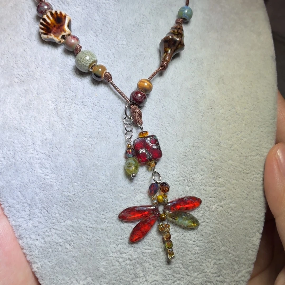DIY玻璃红蜻蜓编绳项链