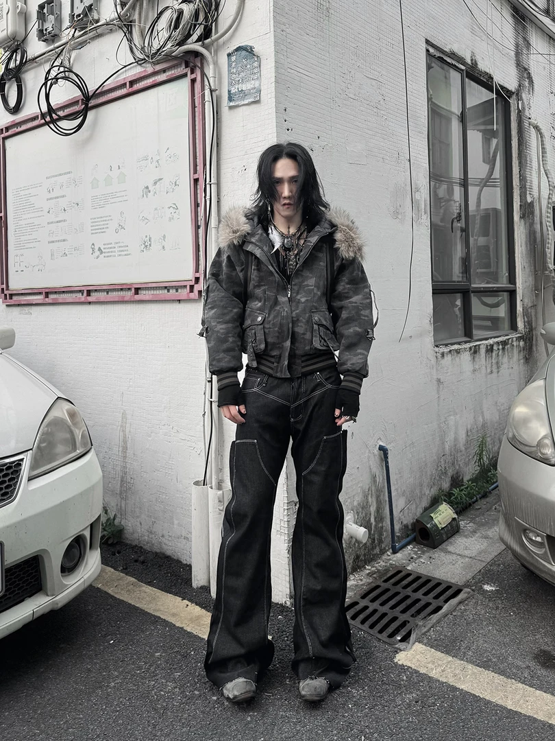 IHF【涟漪】 小众秋冬拆卸马甲两穿毛毛连帽保暖短款棉服加厚外套男