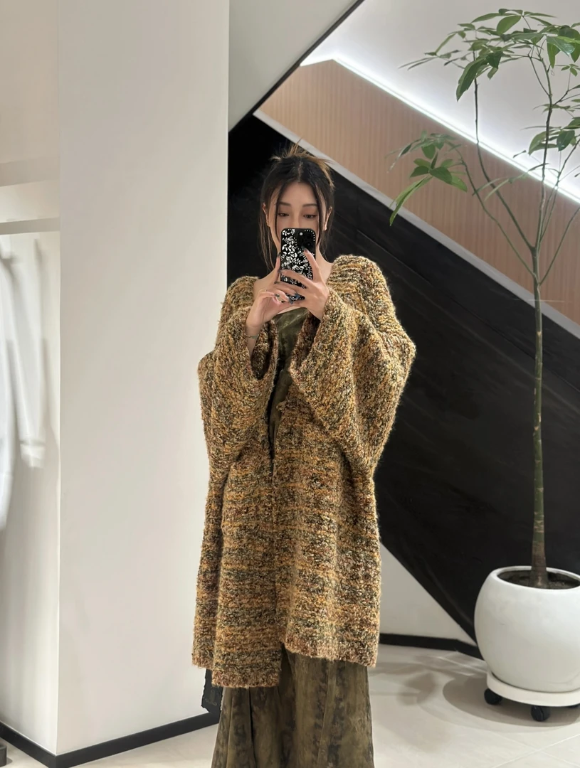 小众设计简约中长款毛衣外套女秋冬新款宽松百搭长袖针织开衫潮