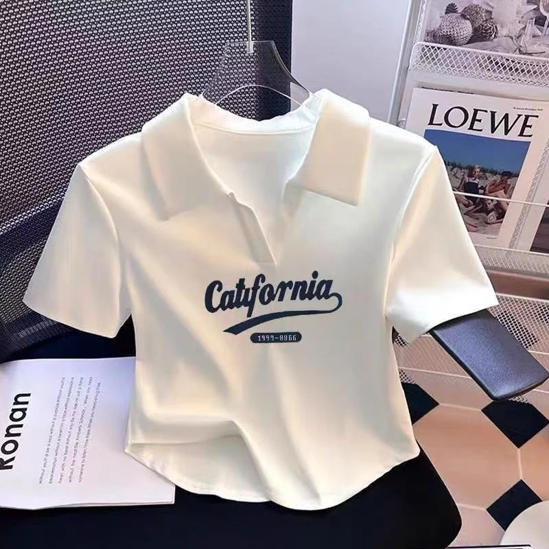 2025新款白色正肩polo领短袖T恤女减龄修身百搭洋气短款T恤上衣潮