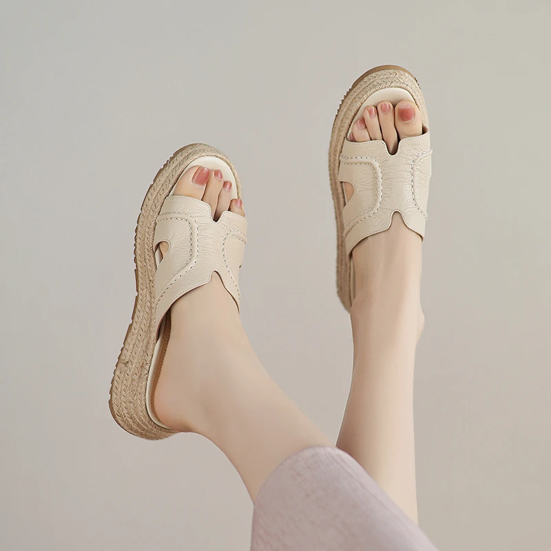 6CM真皮编织露趾凉鞋女夏新款松糕鞋高跟鞋法式坡跟厚底凉拖羊皮