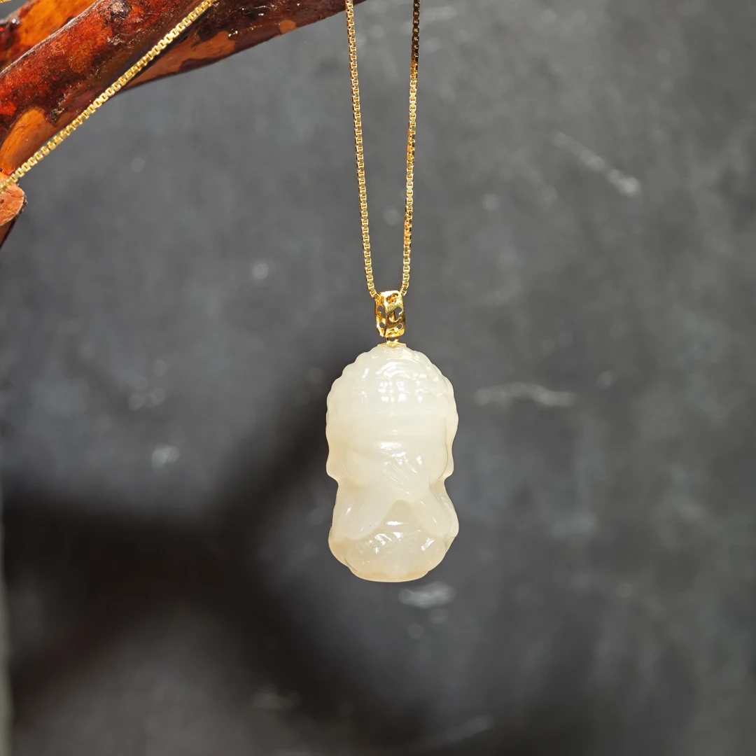 【不听不看不说】18k藕粉和田玉三不佛吊坠 KT24072907