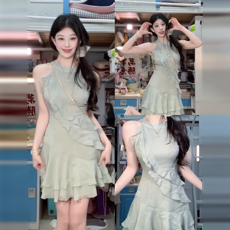 绿色荷叶边无袖挂脖连衣裙子女夏季2025新款海边度假气质绝美短裙