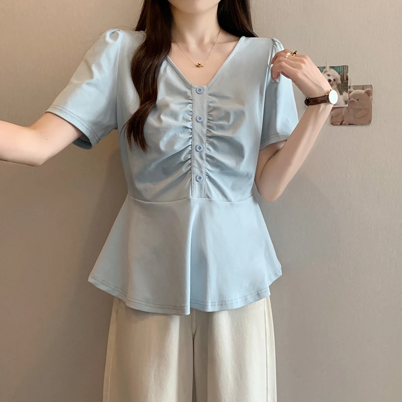 韩系时尚V领短袖T恤女2025夏季新款大码胖mm显瘦遮肉别致小衫上衣