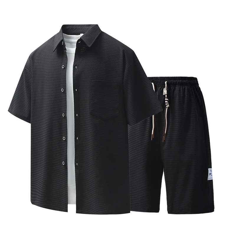 新款夏季学生两件衬衫休闲套装宽松服潮流潮牌提花冰丝翻领短袖